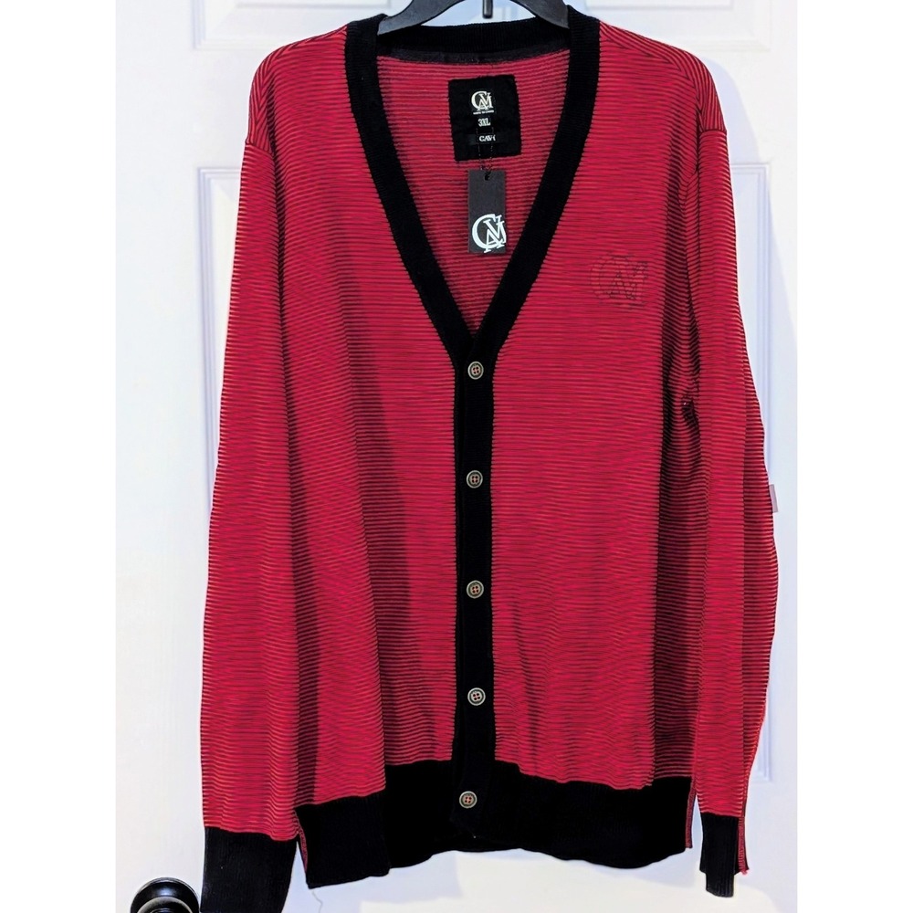 Cavi Mens 3XL Red Black Striped V-Neck Knit Cardigan Sweater Streetwear‎ NWT